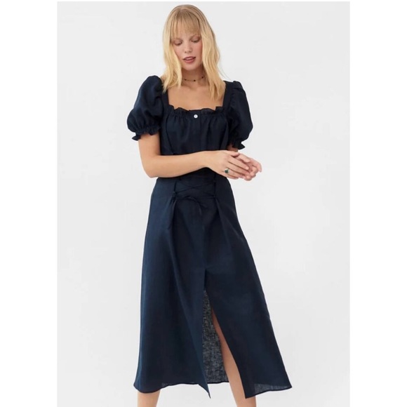 Sleeper Dresses & Skirts - Sleeper Marquise linen midi dress navy blue